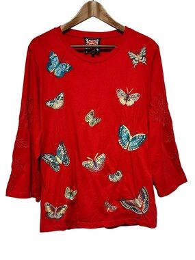 Johnny Was Butterfly Embroidered Cotton Top Red Boho 3/4 Sleeve M